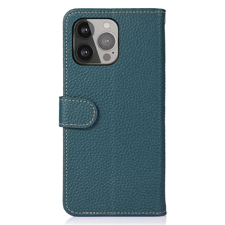 KHAZNEH For iPhone 16 Pro Max Case Litchi Texture Genuine Cow Leather Folio Cover with Card Holder