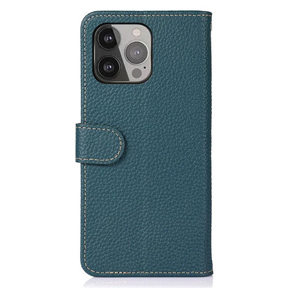 KHAZNEH For iPhone 16 Pro Max Case Litchi Texture Genuine Cow Leather Folio Cover with Card Holder