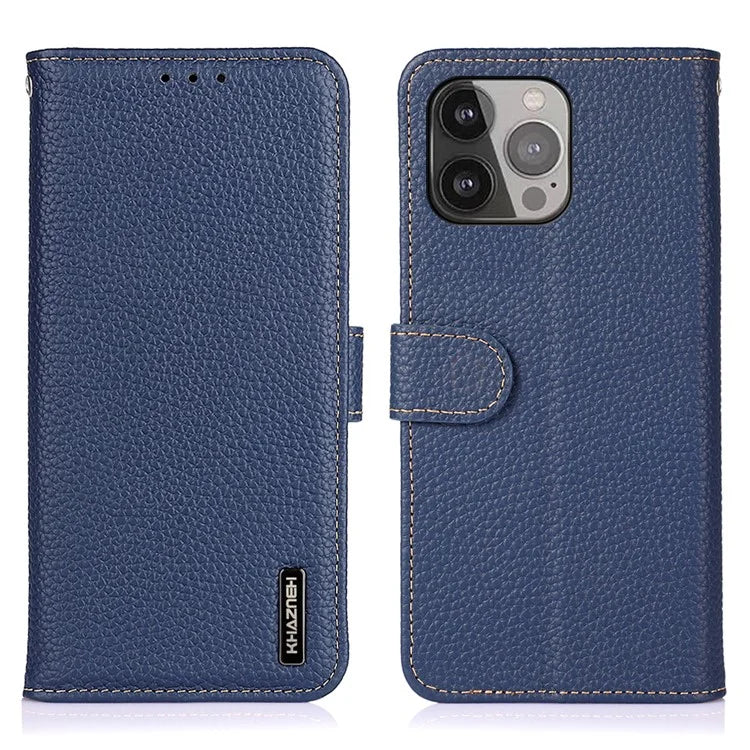 KHAZNEH For iPhone 16 Pro Max Case Litchi Texture Genuine Cow Leather Folio Cover with Card Holder