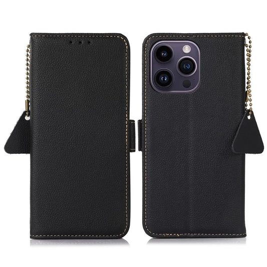 TJ For iPhone 16 Pro Max Case Genuine Cow Leather RFID Blocking Card Slots Stand Phone Cover