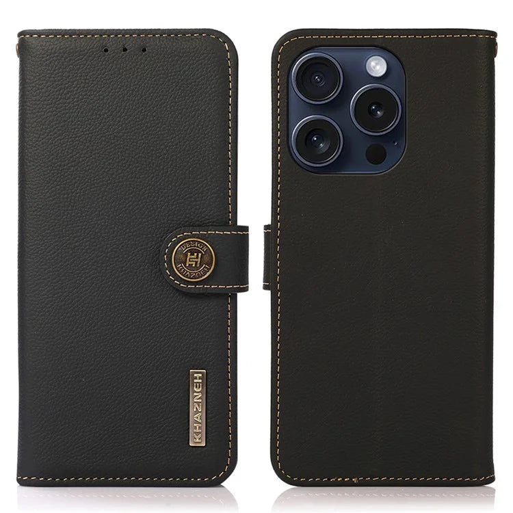 KHAZNEH For iPhone 16 Pro Case RFID Blocking Genuine Cow Leather Viewing Stand Cover