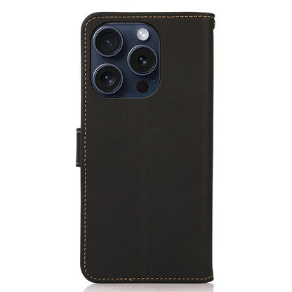 KHAZNEH For iPhone 16 Pro Case RFID Blocking Genuine Cow Leather Viewing Stand Cover