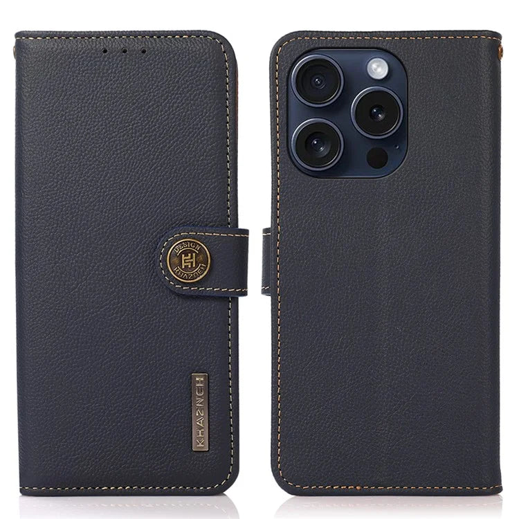 KHAZNEH For iPhone 16 Pro Case RFID Blocking Genuine Cow Leather Viewing Stand Cover
