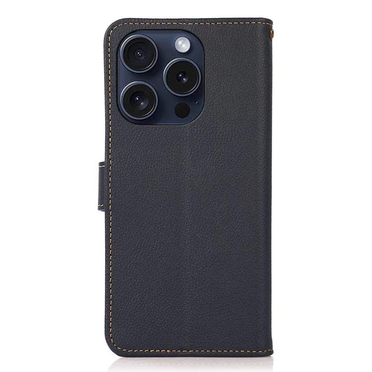 KHAZNEH For iPhone 16 Pro Case RFID Blocking Genuine Cow Leather Viewing Stand Cover