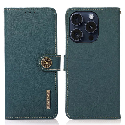 KHAZNEH For iPhone 16 Pro Case RFID Blocking Genuine Cow Leather Viewing Stand Cover