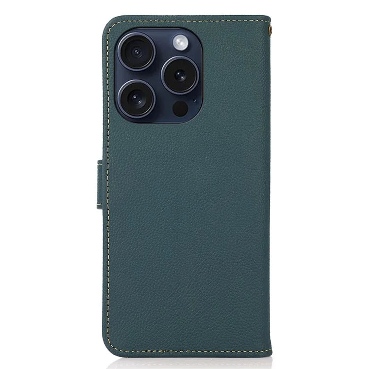 KHAZNEH For iPhone 16 Pro Case RFID Blocking Genuine Cow Leather Viewing Stand Cover
