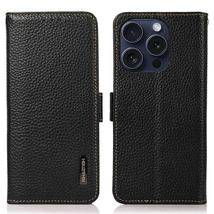 KHAZNEH For iPhone 16 Pro Case RFID Blocking Genuine Cow Leather Wallet Phone Cover