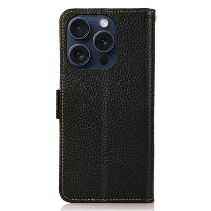 KHAZNEH For iPhone 16 Pro Case RFID Blocking Genuine Cow Leather Wallet Phone Cover