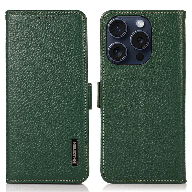 KHAZNEH For iPhone 16 Pro Case RFID Blocking Genuine Cow Leather Wallet Phone Cover