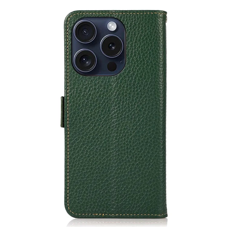 KHAZNEH For iPhone 16 Pro Case RFID Blocking Genuine Cow Leather Wallet Phone Cover