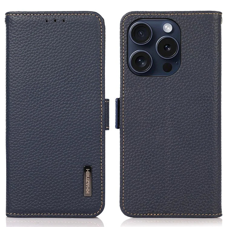 KHAZNEH For iPhone 16 Pro Case RFID Blocking Genuine Cow Leather Wallet Phone Cover
