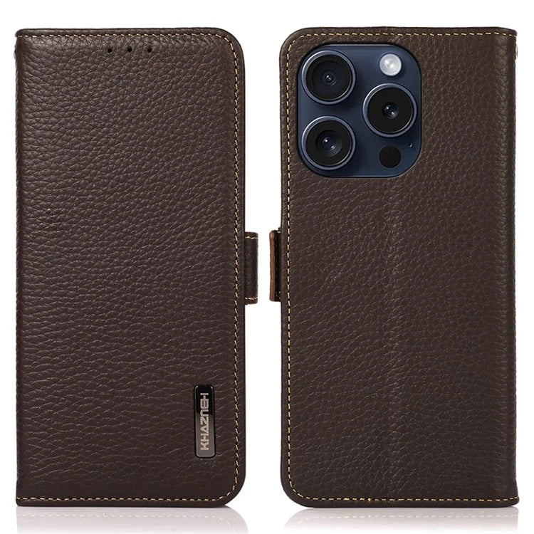 KHAZNEH For iPhone 16 Pro Case RFID Blocking Genuine Cow Leather Wallet Phone Cover