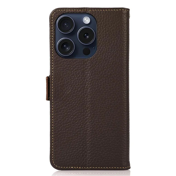 KHAZNEH For iPhone 16 Pro Case RFID Blocking Genuine Cow Leather Wallet Phone Cover