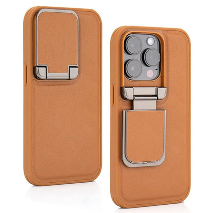 For iPhone 15 Pro Max Case Lens Cover Kickstand PU Leather+PC+TPU Phone Cover