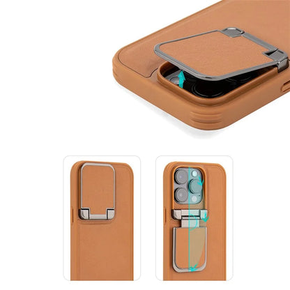 For iPhone 15 Pro Max Case Lens Cover Kickstand PU Leather+PC+TPU Phone Cover