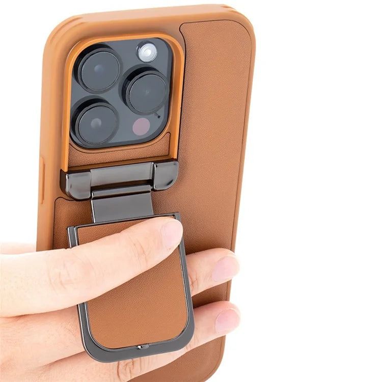 For iPhone 15 Pro Max Case Lens Cover Kickstand PU Leather+PC+TPU Phone Cover