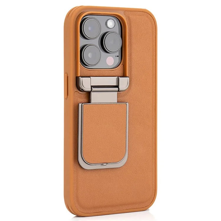 For iPhone 15 Pro Max Case Lens Cover Kickstand PU Leather+PC+TPU Phone Cover