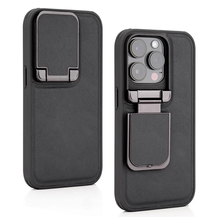 For iPhone 15 Pro Max Case Lens Cover Kickstand PU Leather+PC+TPU Phone Cover