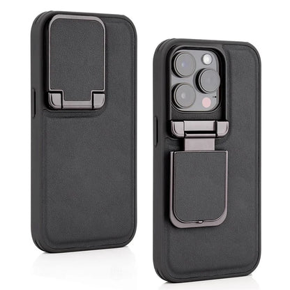 For iPhone 15 Pro Max Case Lens Cover Kickstand PU Leather+PC+TPU Phone Cover