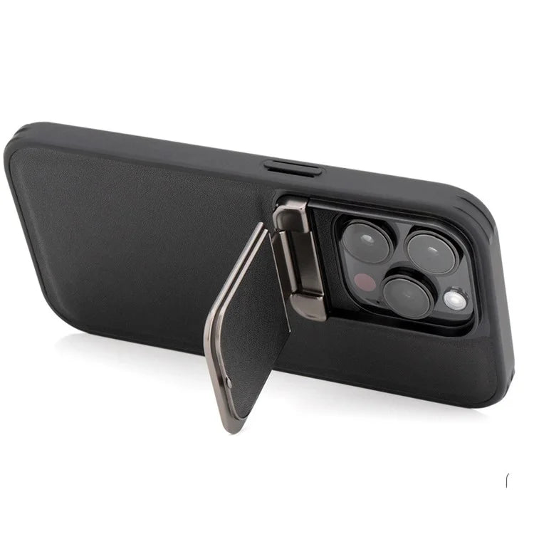 For iPhone 15 Pro Max Case Lens Cover Kickstand PU Leather+PC+TPU Phone Cover