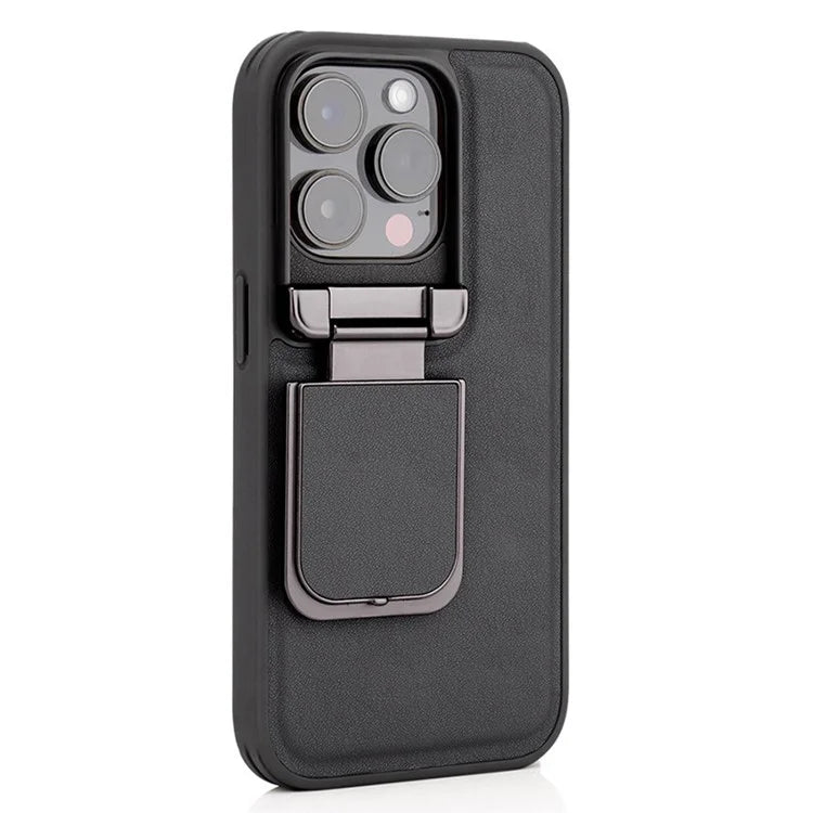 For iPhone 15 Pro Max Case Lens Cover Kickstand PU Leather+PC+TPU Phone Cover