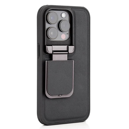 For iPhone 15 Pro Max Case Lens Cover Kickstand PU Leather+PC+TPU Phone Cover