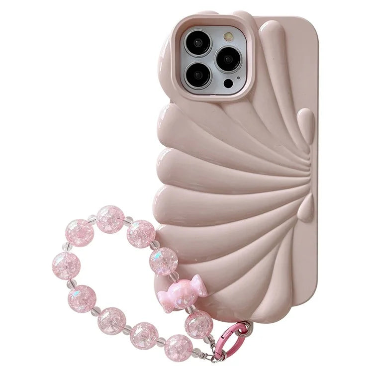 For iPhone 15 Pro TPU Case Seashell Shape Glossy Phone Cover with Chain Hand Strap