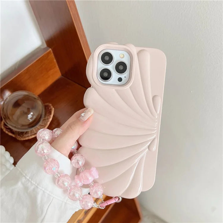For iPhone 15 Pro TPU Case Seashell Shape Glossy Phone Cover with Chain Hand Strap