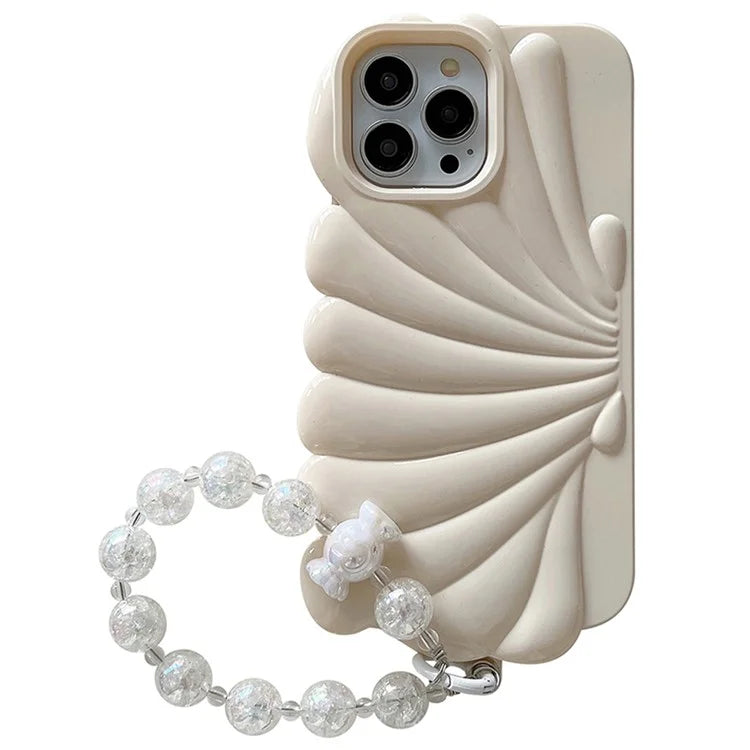 For iPhone 15 Pro TPU Case Seashell Shape Glossy Phone Cover with Chain Hand Strap