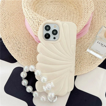 For iPhone 15 Pro TPU Case Seashell Shape Glossy Phone Cover with Chain Hand Strap