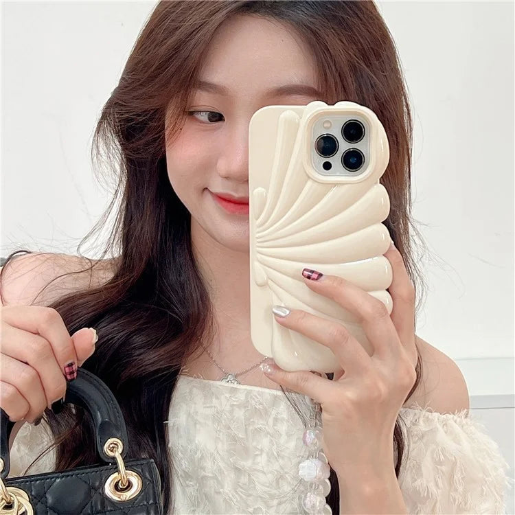 For iPhone 15 Pro TPU Case Seashell Shape Glossy Phone Cover with Chain Hand Strap