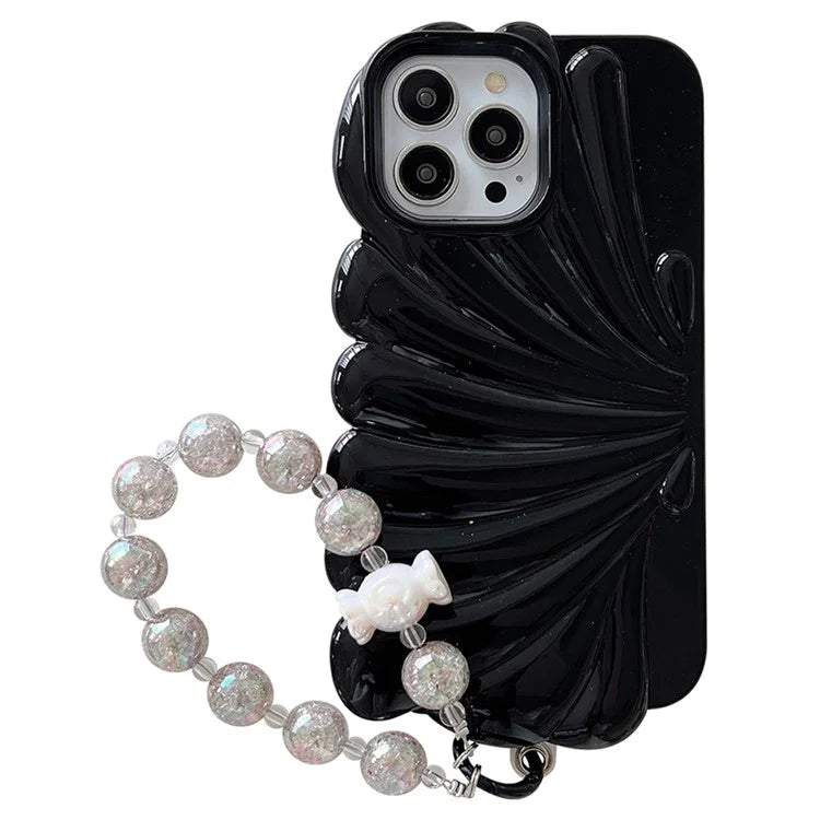 For iPhone 15 Pro TPU Case Seashell Shape Glossy Phone Cover with Chain Hand Strap