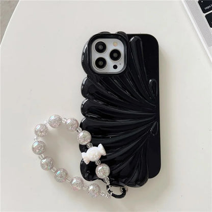 For iPhone 15 Pro TPU Case Seashell Shape Glossy Phone Cover with Chain Hand Strap