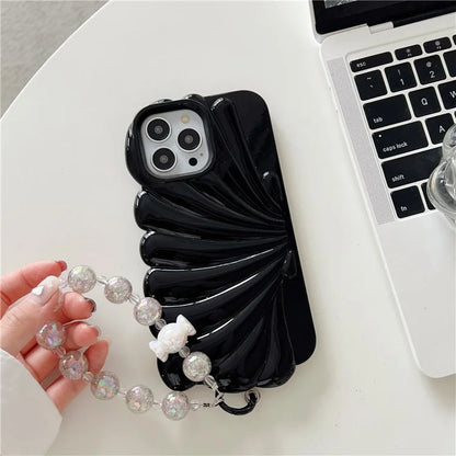 For iPhone 15 Pro TPU Case Seashell Shape Glossy Phone Cover with Chain Hand Strap