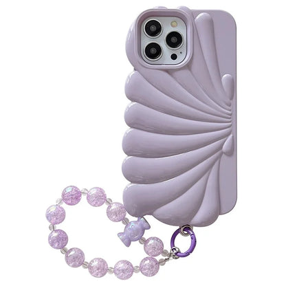 For iPhone 15 Pro TPU Case Seashell Shape Glossy Phone Cover with Chain Hand Strap