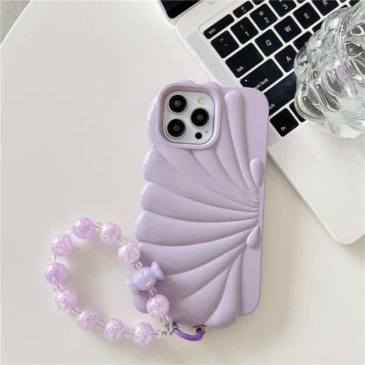 For iPhone 15 Pro TPU Case Seashell Shape Glossy Phone Cover with Chain Hand Strap
