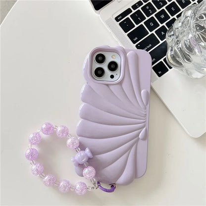 For iPhone 15 Pro TPU Case Seashell Shape Glossy Phone Cover with Chain Hand Strap