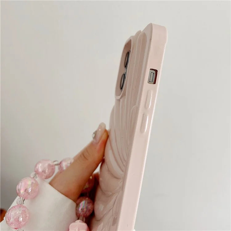 For iPhone 15 Pro TPU Case Seashell Shape Glossy Phone Cover with Chain Hand Strap