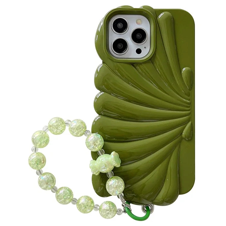 For iPhone 15 Pro TPU Case Seashell Shape Glossy Phone Cover with Chain Hand Strap