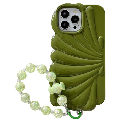 For iPhone 15 Pro TPU Case Seashell Shape Glossy Phone Cover with Chain Hand Strap