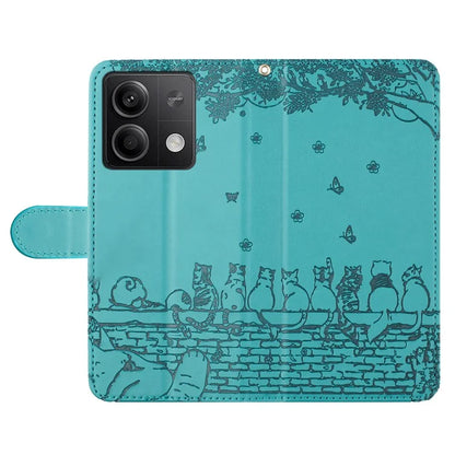 For Xiaomi Redmi Note 13 5G Case with Wrist Strap Leather Phone Cover Wall Cats Pattern