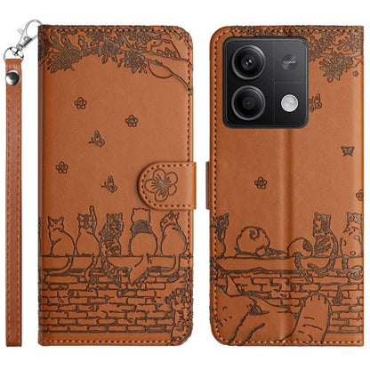 For Xiaomi Redmi Note 13 5G Case with Wrist Strap Leather Phone Cover Wall Cats Pattern