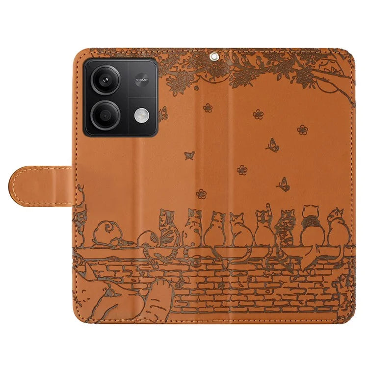 For Xiaomi Redmi Note 13 5G Case with Wrist Strap Leather Phone Cover Wall Cats Pattern