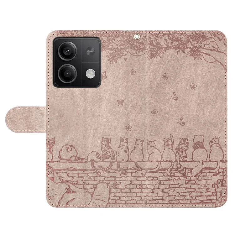 For Xiaomi Redmi Note 13 5G Case with Wrist Strap Leather Phone Cover Wall Cats Pattern