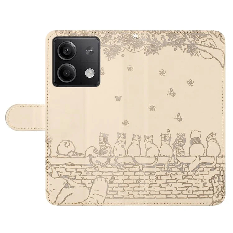 For Xiaomi Redmi Note 13 5G Case with Wrist Strap Leather Phone Cover Wall Cats Pattern