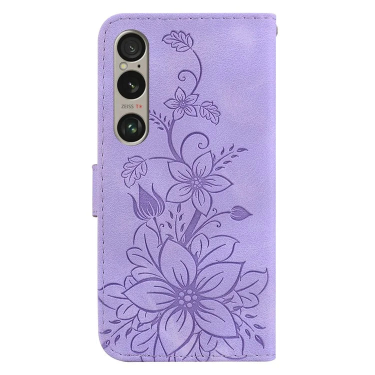 For Sony Xperia 1 VI Case Stand Flower Imprint PU Leather Flip Phone Cover