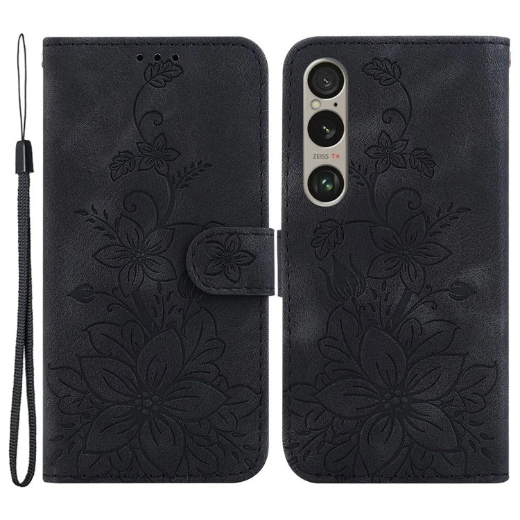 For Sony Xperia 1 VI Case Stand Flower Imprint PU Leather Flip Phone Cover