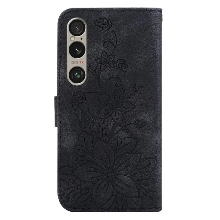 For Sony Xperia 1 VI Case Stand Flower Imprint PU Leather Flip Phone Cover