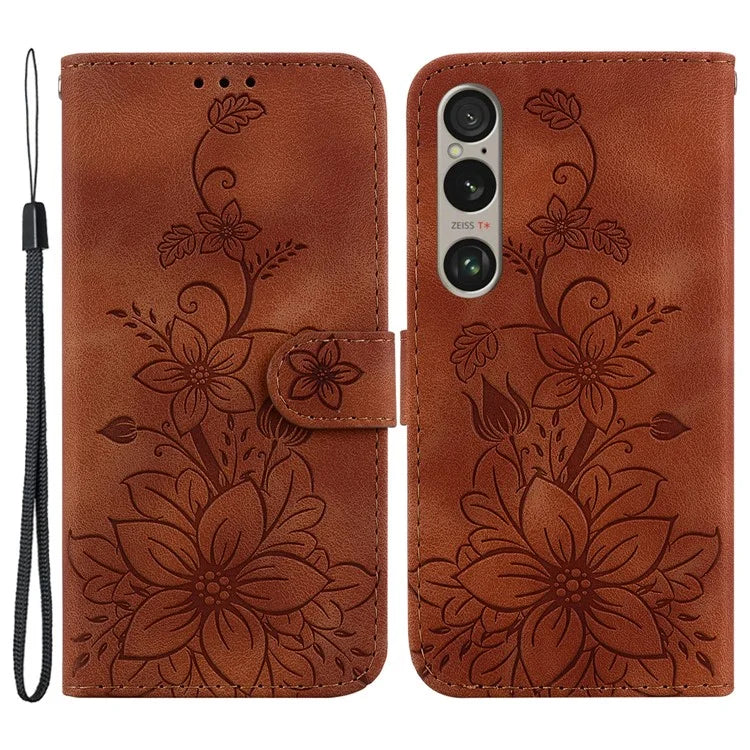 For Sony Xperia 1 VI Case Stand Flower Imprint PU Leather Flip Phone Cover