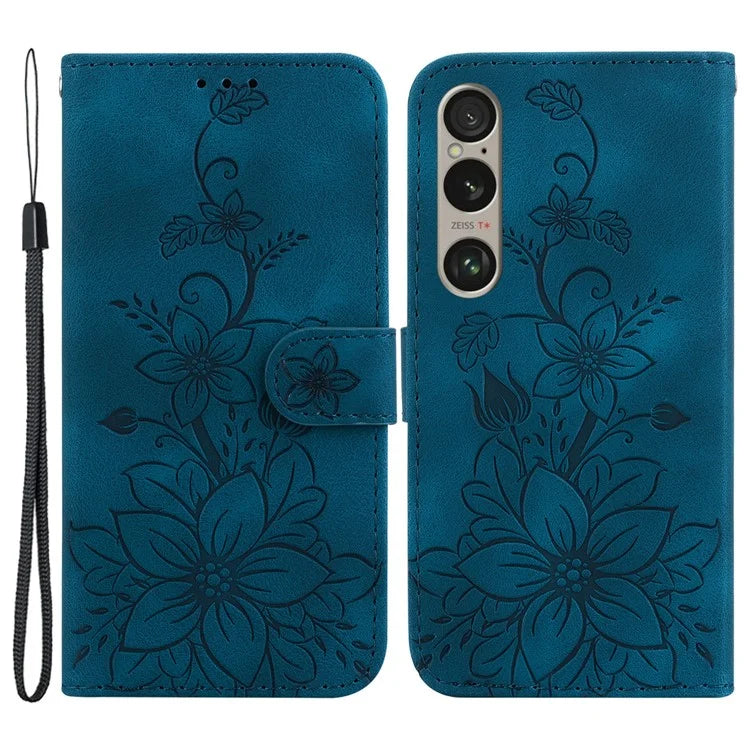 For Sony Xperia 1 VI Case Stand Flower Imprint PU Leather Flip Phone Cover